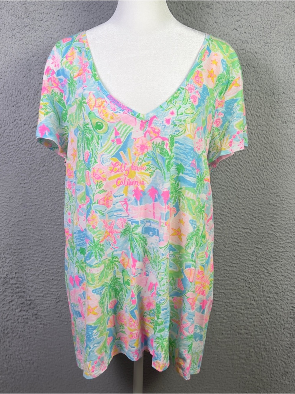 Lilly Pulitzer Etta V Neck Top Womens XL Multicolor California Print Beach SS